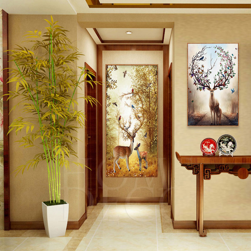 玄关装饰画过道风水寓意餐客厅竖版壁画现代简约走廊挂画招财麋鹿