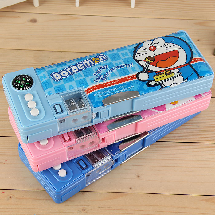 叮当猫双开学生塑料自动铅笔盒儿童多功能按键文具盒韩国可爱卡通