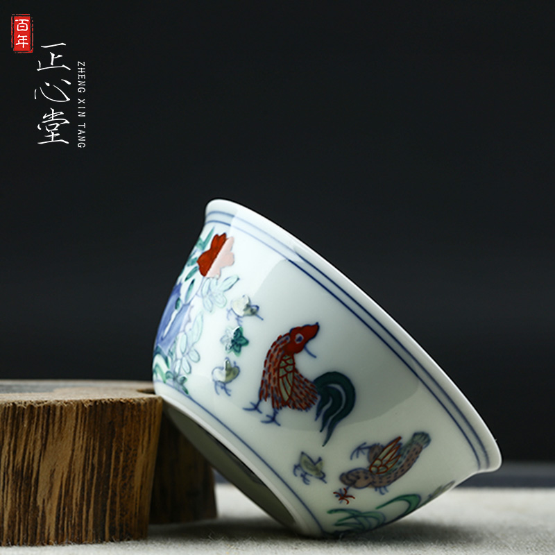 景德镇正心堂斗彩鸡缸杯 陶瓷 青花瓷手工手绘功夫茶杯 茶碗茶具