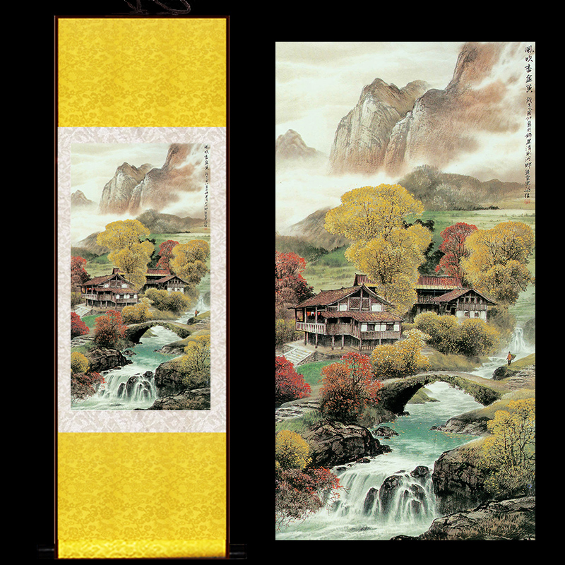 国画山水画 山泉秋色酒店办公室丝绸挂画 仿古卷轴画