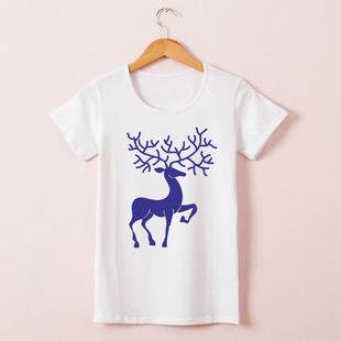 2016韩版运动短袖t恤女夏 圣诞礼物卡通驯鹿纯