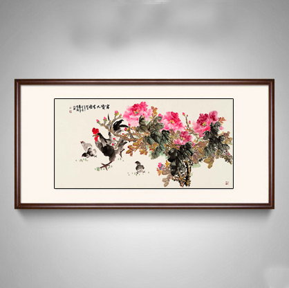 水墨牡丹 鸡 横幅国画宣纸画芯微喷装饰画 刘伟雄 富贵大吉