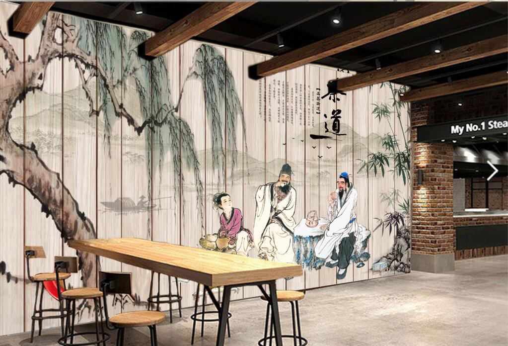 定制复古怀旧古代茶道人物茶楼茶庄茶馆茶叶店茶厂背景墙壁画壁纸