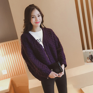 棒针麻花针织衫女短外套百搭纯色宽松秋冬上衣