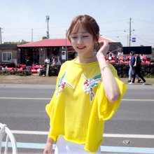 宽松短袖 夏新款 女超美亮片刺绣卷边套头针织衫 小鸟蝙蝠袖 韩国代购