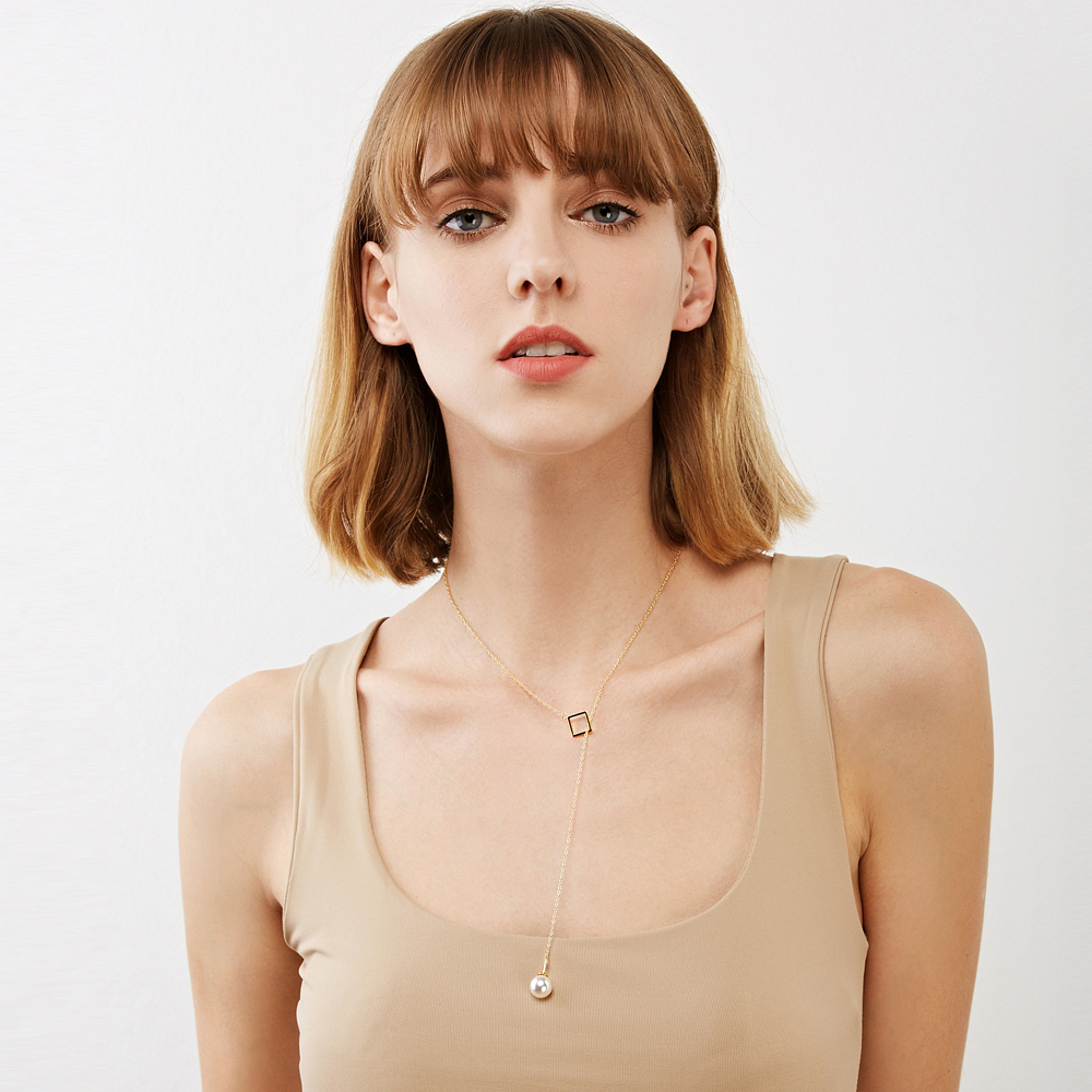 壹克设计师品牌eeke studio 纯银正方形套索珍珠锁骨链项链毛衣链