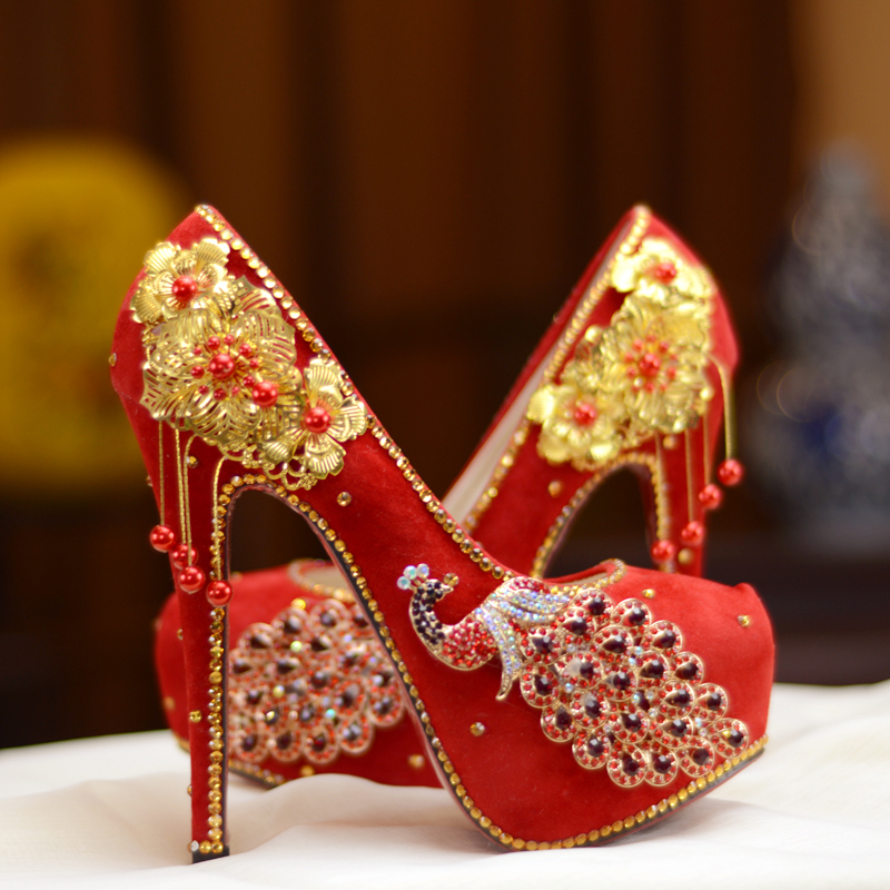中式秀禾服婚鞋女水晶鞋新娘鞋红色高跟单鞋影