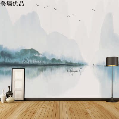 新中式水墨山水画壁纸书房电视背景墙纸墙布手绘抽象意境无缝壁画
