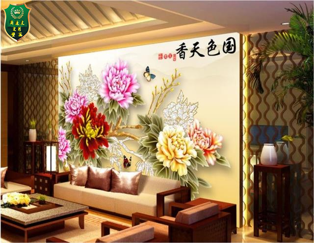 现代中式国色天香牡丹花电视背景墙壁纸 客厅沙发大型