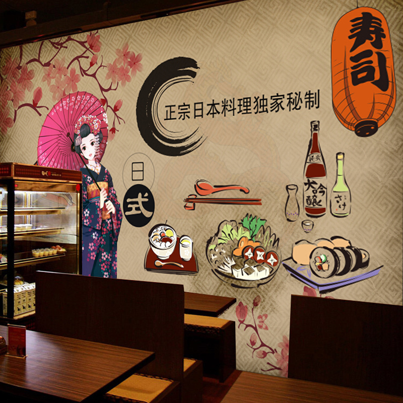 日式墙纸和风墙壁画日本料理寿司店复古手绘卡通美食主题餐厅壁纸