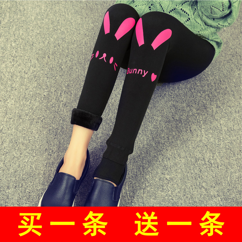 韩版秋冬季加绒加厚打底裤外穿大码可爱卡通图案踩脚保暖裤女学生 - 打底裤