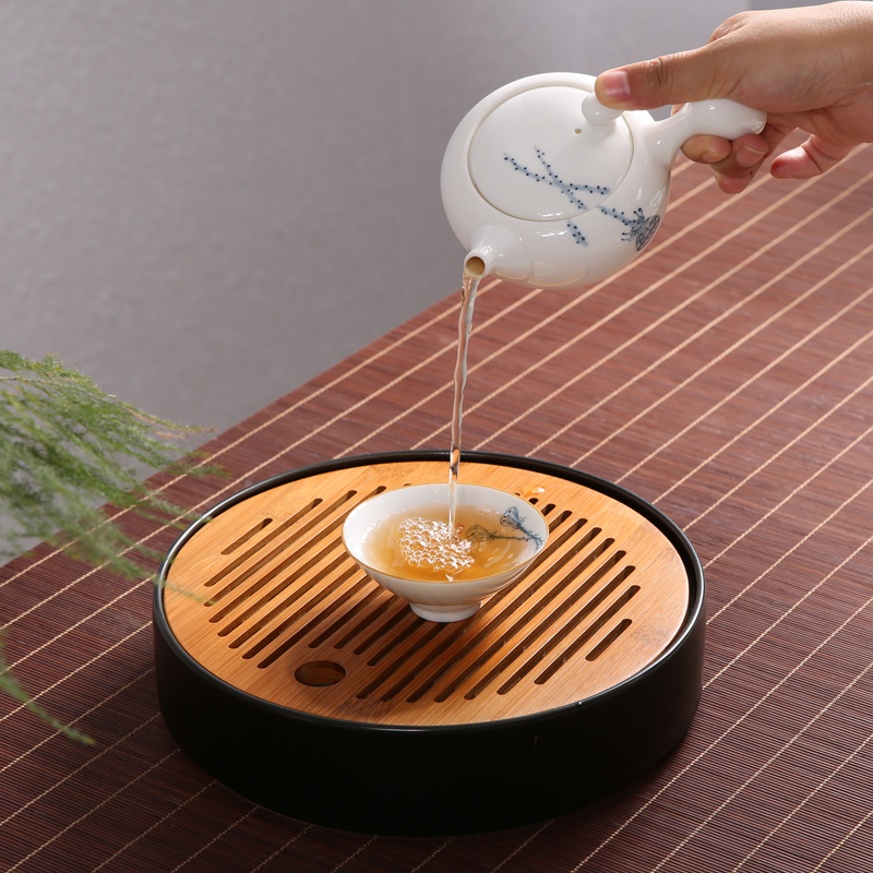 陶瓷小号茶盘迷你竹制储水干泡台日式功夫茶具托盘茶台圆形茶海