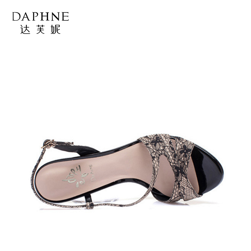 daphne/达芙妮女鞋 夏季高跟女凉鞋复古蕾丝布后绊带露趾凉鞋