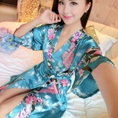 性感仿真丝睡衣浴袍冰丝绸睡裙日式和服可爱系带大码 睡袍女夏薄款
