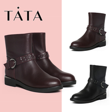 他她冬牛皮铆钉皮带扣通勤方跟女中靴2YW67DZ6 Tata
