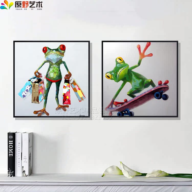 纯手绘动物抽象油画青蛙装饰画简约餐厅玄关挂画现代客厅有框壁画