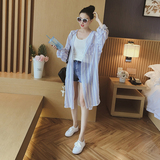 2017夏装新款女韩版中长款连帽条纹衬衫短外套长袖防晒衣开衫上衣