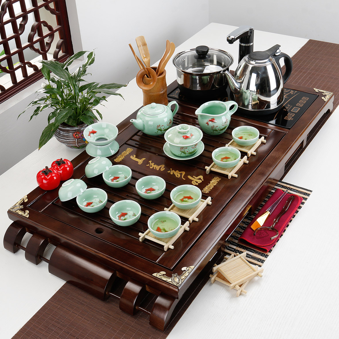 茶具套装冰裂玻璃家用办公是全自动电磁炉实木茶盘茶托茶道茶艺
