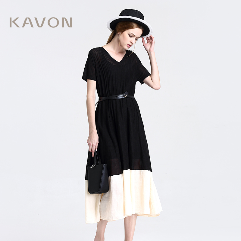 kavon/卡汶 夏季设计师品牌 针织撞色拼接麻混纺中长款短袖毛衫裙