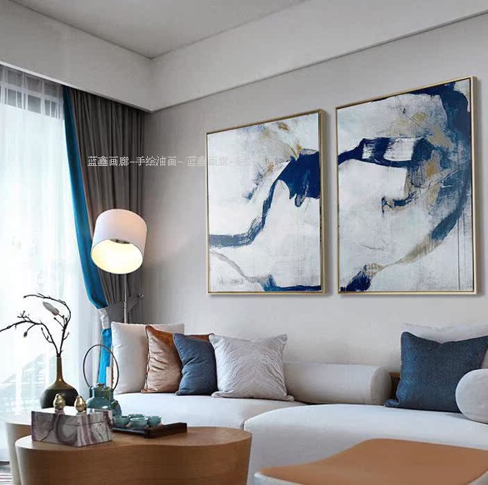 纯手绘油画丙烯画蓝灰色客厅双联组合北欧装饰画抽象画定制包邮