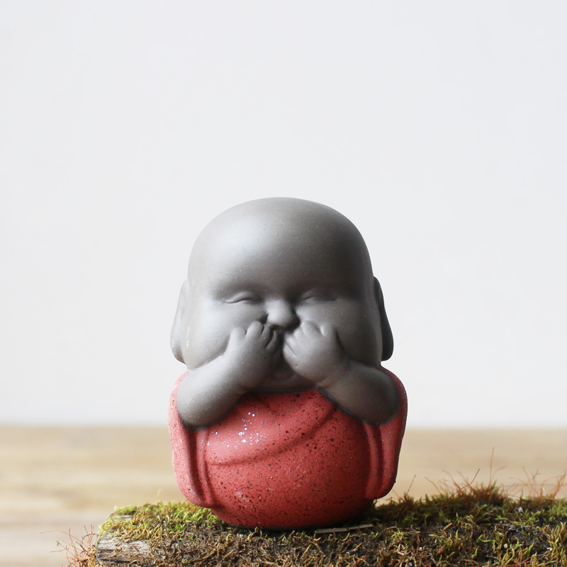 茶宠摆件精品 可养 紫砂三不小和尚摆件 不说不看不听可爱佛茶玩
