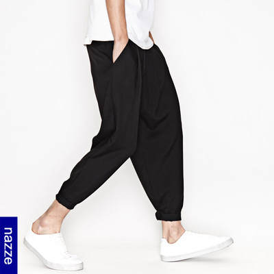 日系复古撞色九分裤男裤夏季薄款松紧小脚裤撞