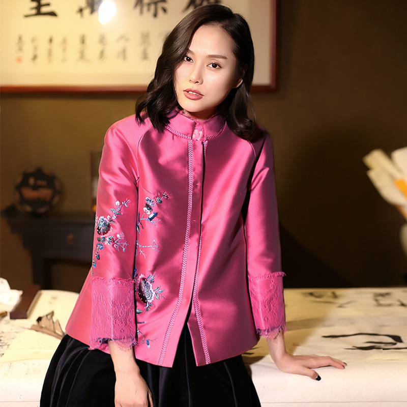 菲伊唐红妆新款立体丝带绣花外套蕾丝袖口时尚改良中式唐装女上衣