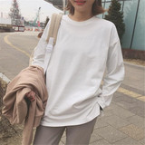韩版女装春秋打底衫宽松学生长袖纯色体恤上衣原宿百搭纯白棉t恤
