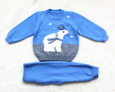 纯手工编织1-2岁儿童毛衣北极熊婴儿毛衣宝宝套衫手打