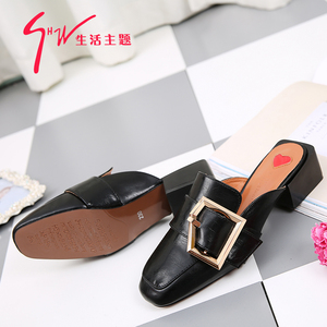 春季方头复古粗跟包头半拖鞋