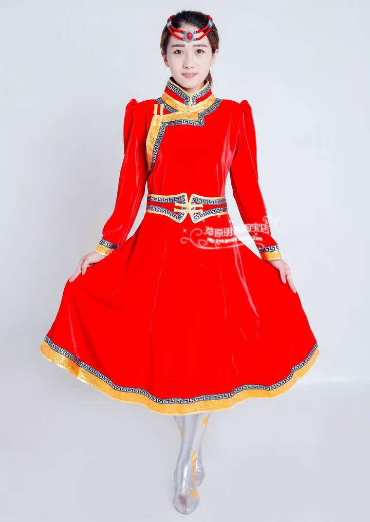 新款女士蒙古袍长裙蒙古族舞蹈服装女蒙古餐厅服务员迎宾工作服