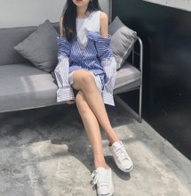 露肩蓝白条纹衬衫 假两件宽松背心个休闲男友风上衣连衣裙 推荐