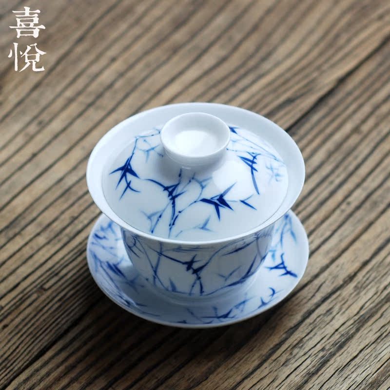 喜悦茶铺 / 青花瓷盖碗 景德镇手绘大号三才盖碗 功夫茶具/竹影