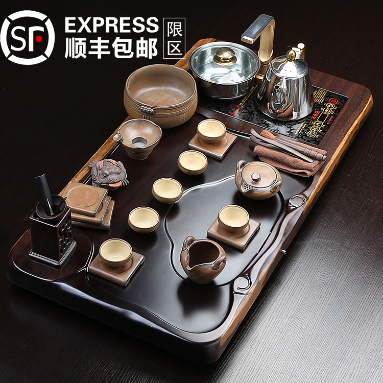高档整块大号黑檀实木电磁炉四合一茶盘茶具套装整套陶瓷汝窑