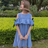 夏装女装韩版学院风中长款露肩荷叶边连衣裙学生显瘦短袖格子裙潮