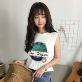 夏季女装韩版学院风修身显瘦百搭字母卡通印花背心无袖T恤上衣潮