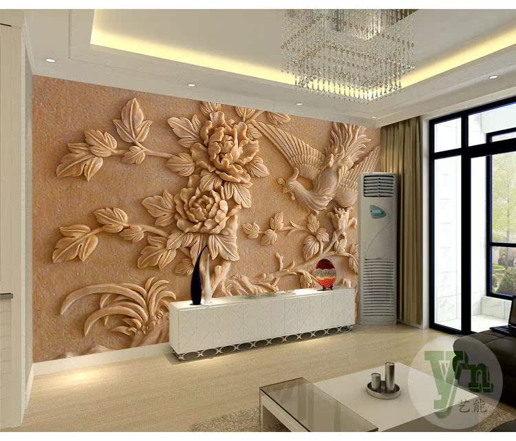 3d立体现代中式浮雕壁画电视背景墙壁纸简约影视墙纸牡丹凤凰墙布