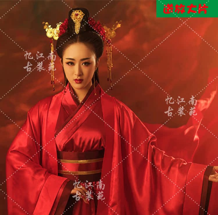 新款影楼写真主题服装女红色大气拖尾汉服古装写真演出服凤凰游