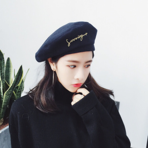 刺绣字母平顶毛呢画家帽