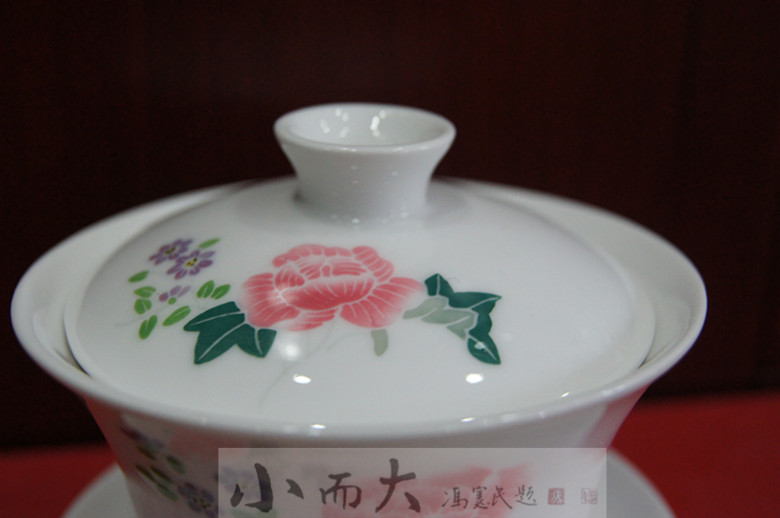 醴陵瓷器-釉下五彩手绘【红芙蓉】盖碗.茶杯.瓷质好.