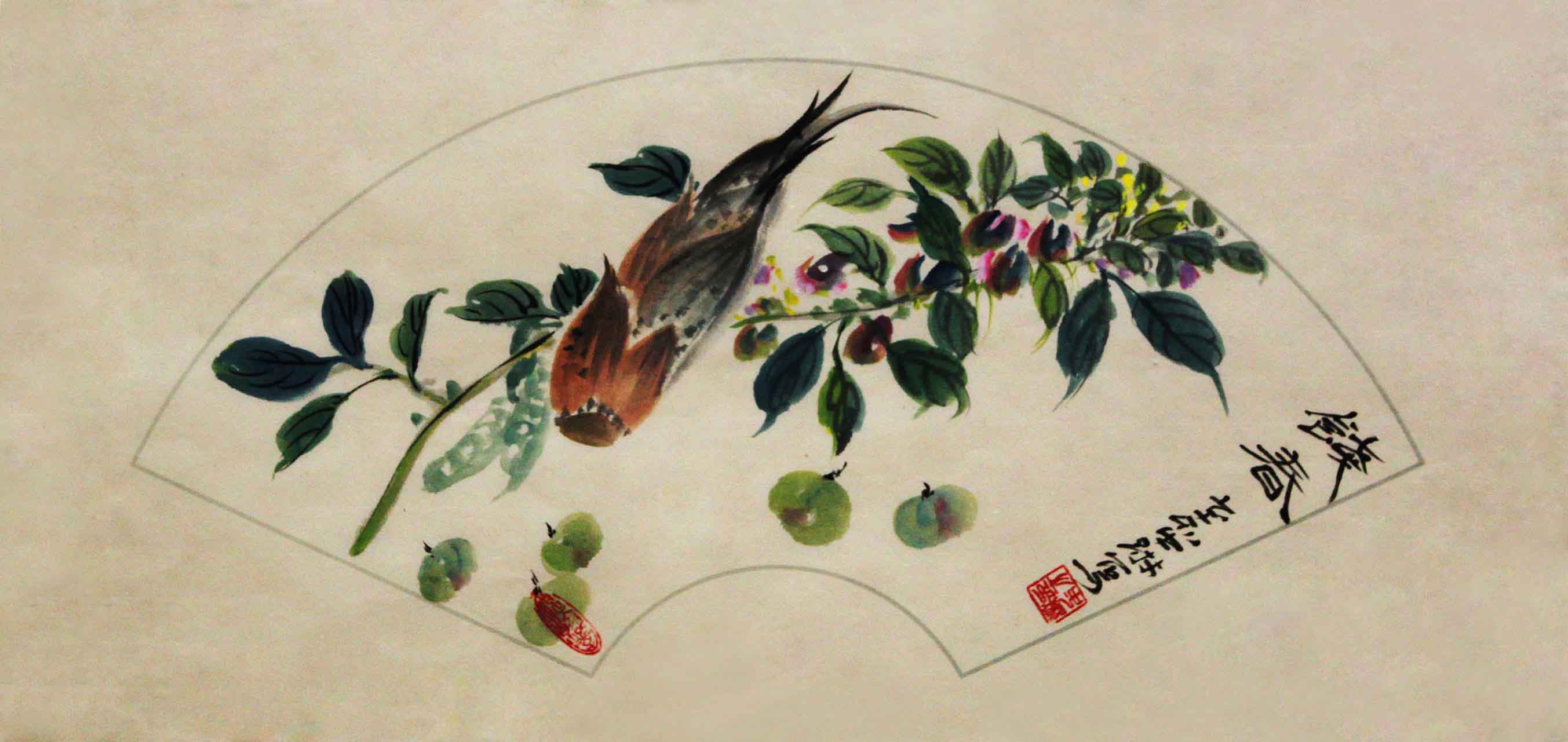 锦翰堂 饯春 写意花鸟图 纯手绘扇形国画 水墨画 简约现代有框画