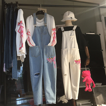 胖mm韩版 显瘦宽松200斤阔腿九分裤 女秋加肥加大码 破洞牛仔背带裤