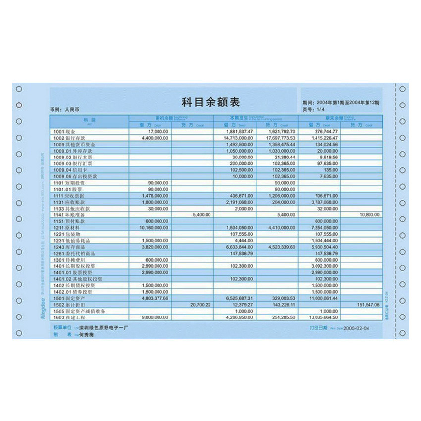 正版金蝶耗材 金蝶kz-z104科目余额汇总表312*203mm 余额表账簿纸