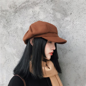 日系纯色百搭毛呢八角帽