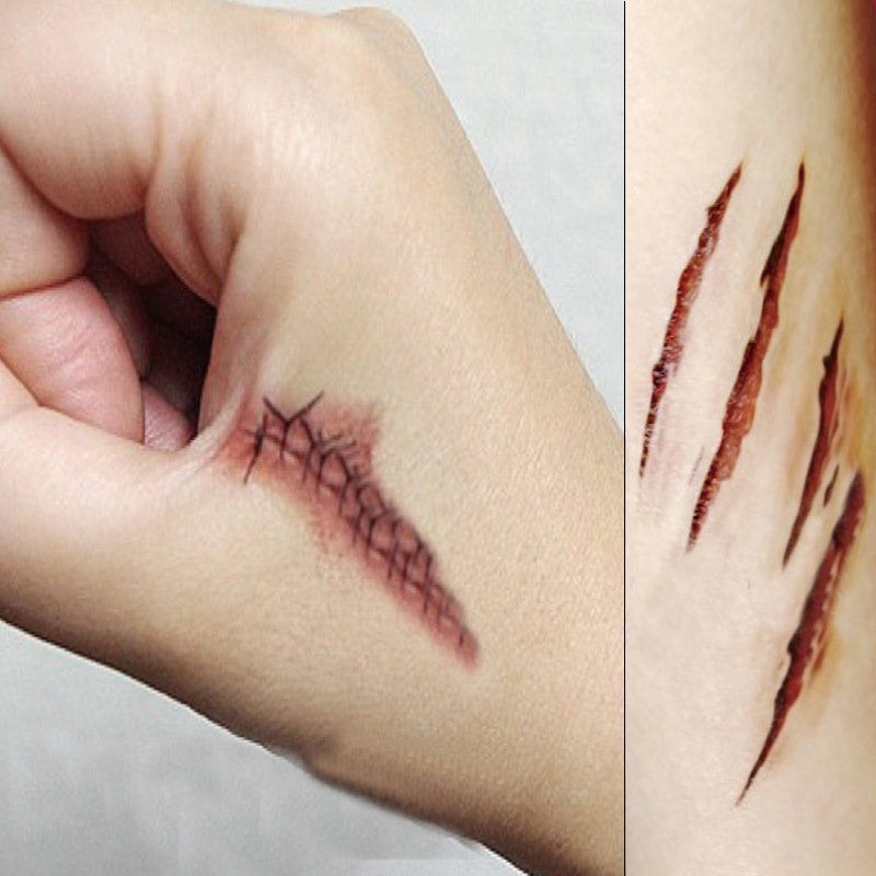纹身贴防水疤痕针缝恶作剧贴纸 万圣节恐怖伤口逼真血迹伤疤痕