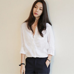 立领白色棉麻衬衫