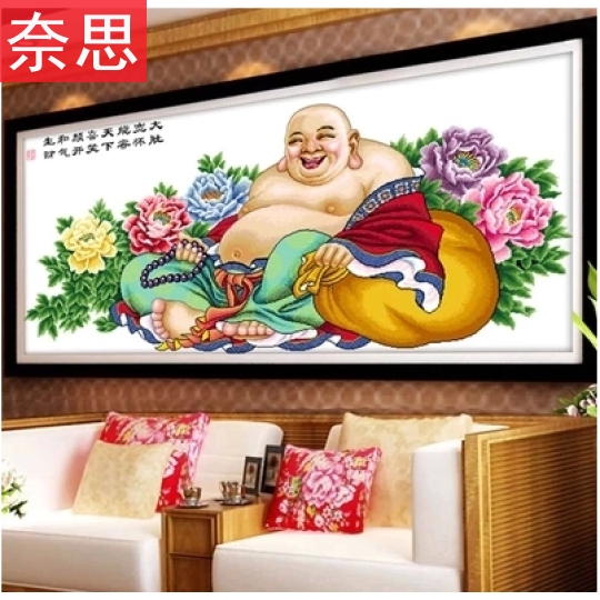 十字绣大肚弥勒佛新款佛像佛系列客厅笑口常开花开富贵牡丹花针绣