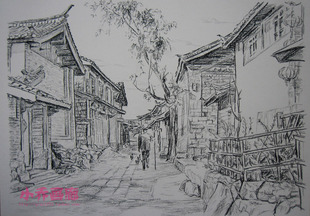 素描画 专业手绘场景风景建筑画 炭笔画 8k