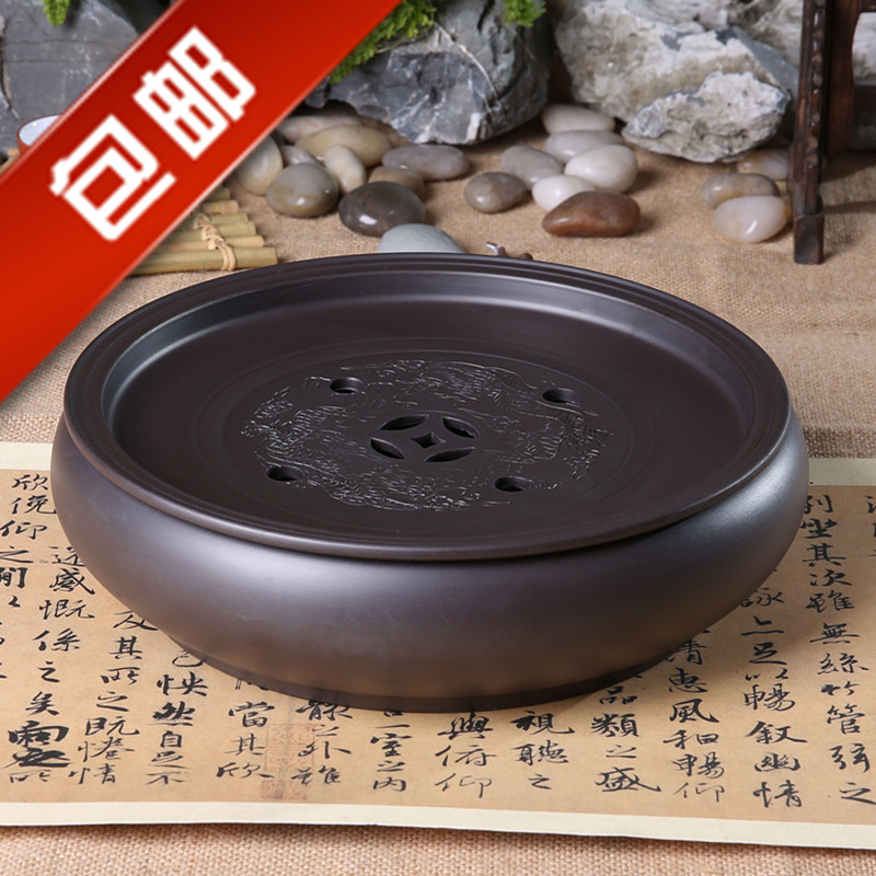功夫茶盘茶海茶船紫砂茶盘茶具双龙圆形陶瓷紫砂茶具储水式包邮