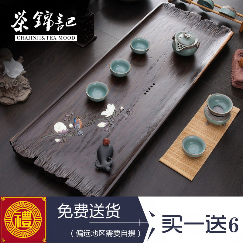 茶锦记实木茶托黑檀木茶盘家用彩绘排水茶海红木家具搭配木头茶托